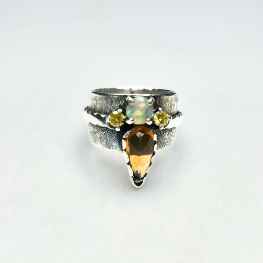 Amber Fire and Opal Sterling Silver Ring –