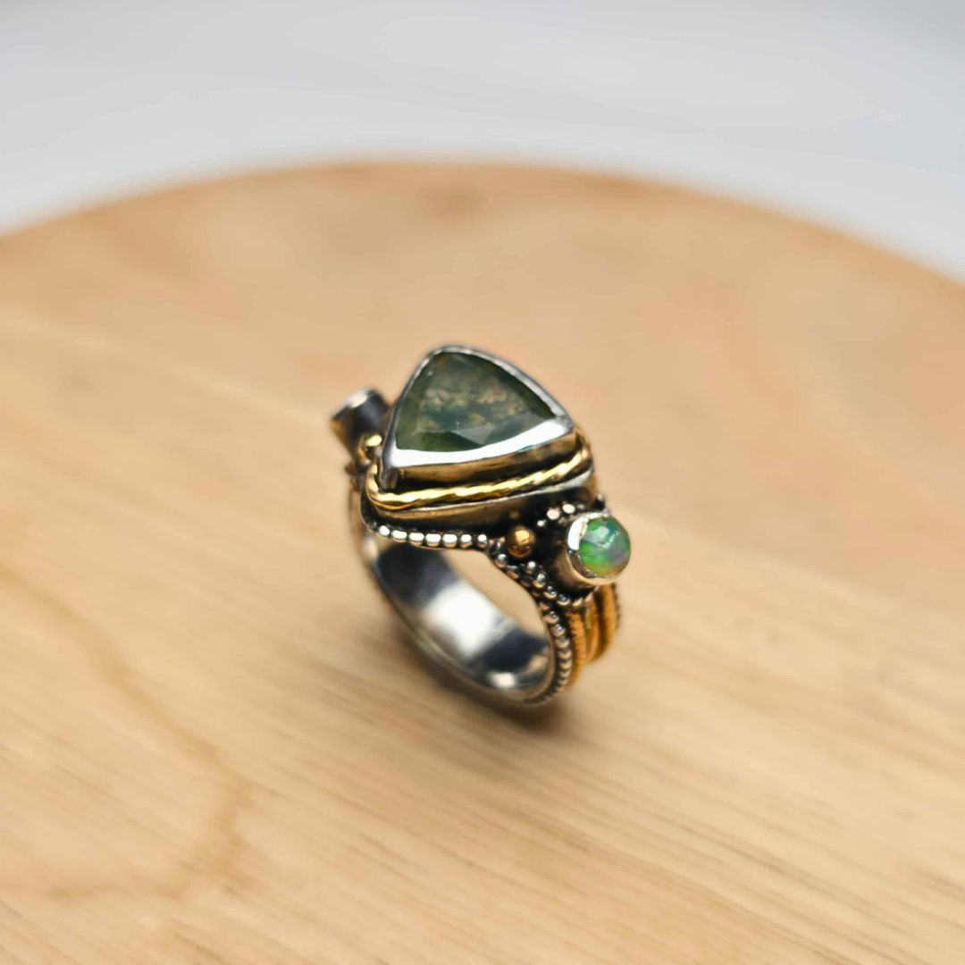 Moss Agate and Opal Sterling Silver Ring