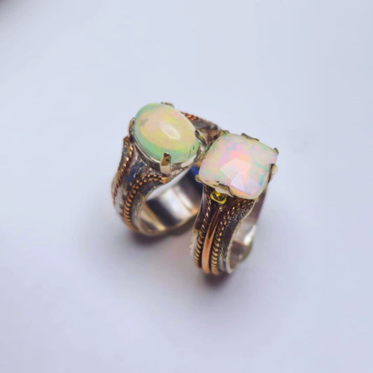Square Opal Ring, Silver and Rose Gold