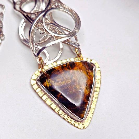 Silver Filigree and Opalized Wood Pendant