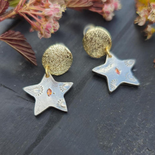 Moon and Star Earrings - 18k Gold Filled, Fine Silver