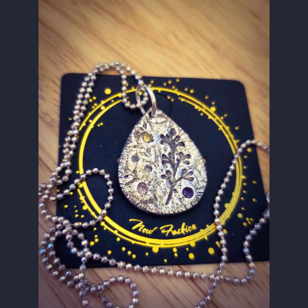 Leaf Imprint and Healing Stones Pendant