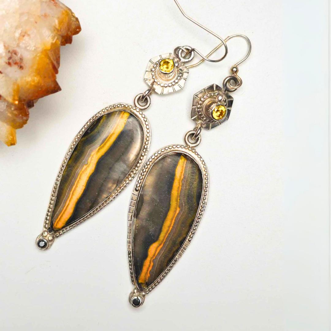Sterling Silver Jasper Earrings with Yellow & Black Moissanite