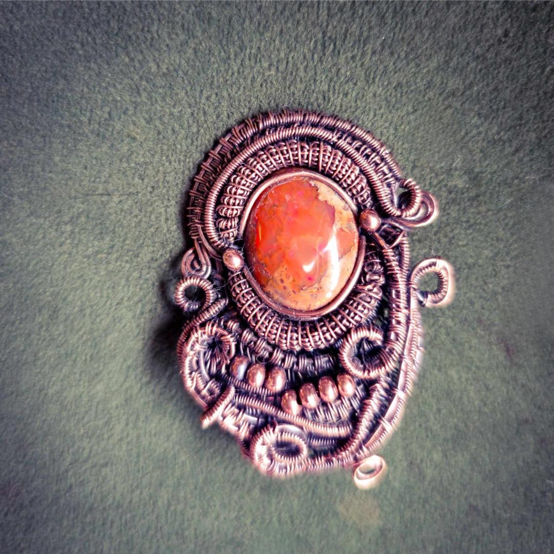 Fire Opal Pendant – Intricate Copper Wire Weave for Energy & Style