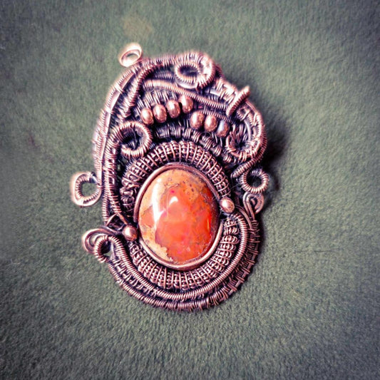 Fire Opal Pendant – Intricate Copper Wire Weave for Energy & Style