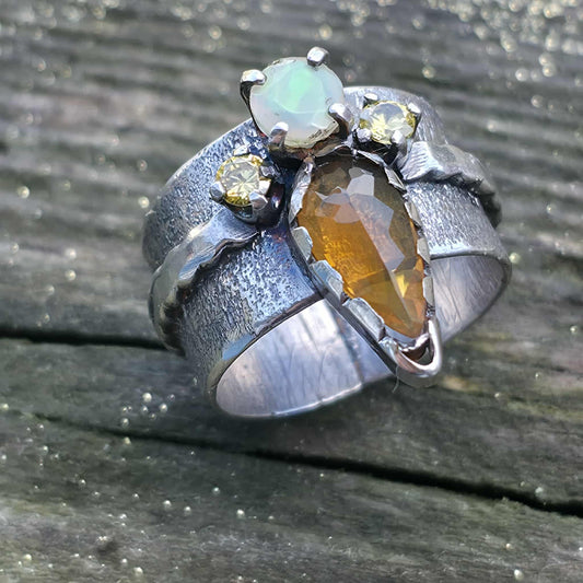 Amber Fire and Opal Sterling Silver Ring –
