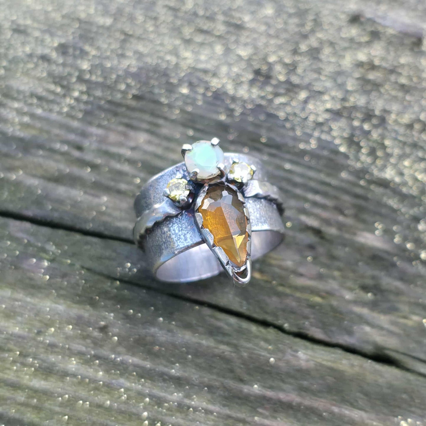 Amber Fire and Opal Sterling Silver Ring –