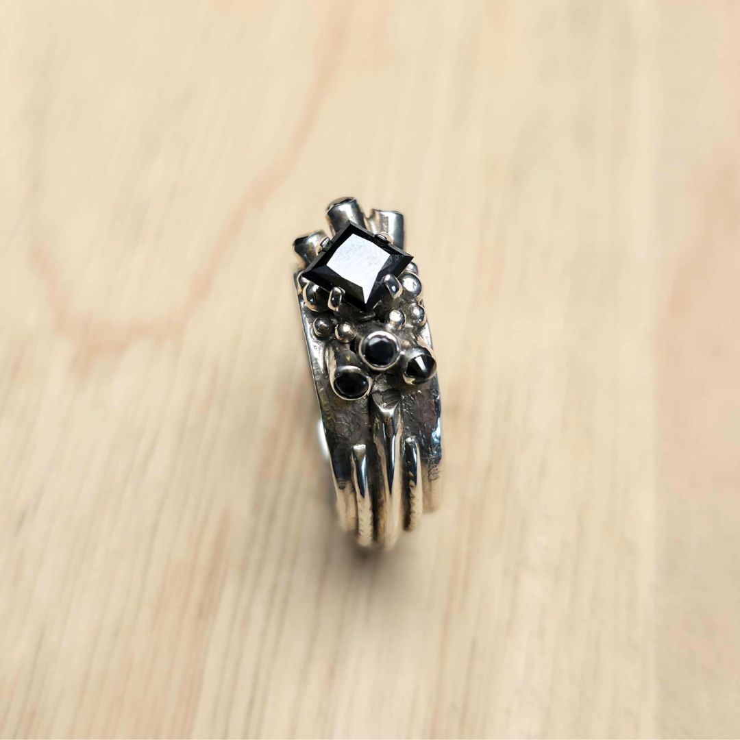 Black Moissanite Princess Cut Sculptural Ring