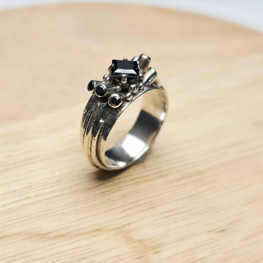 Black Moissanite Princess Cut Sculptural Ring