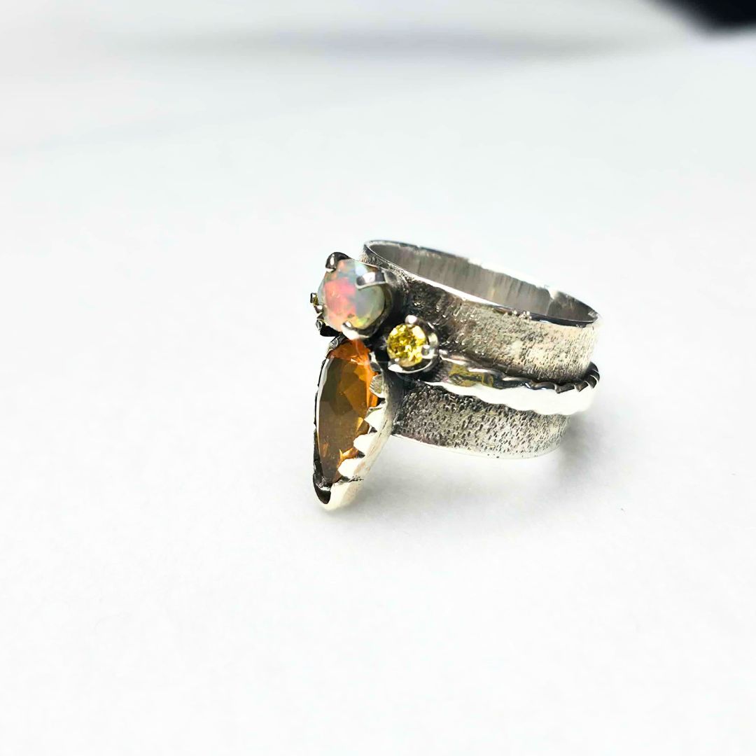 Amber Fire and Opal Sterling Silver Ring –