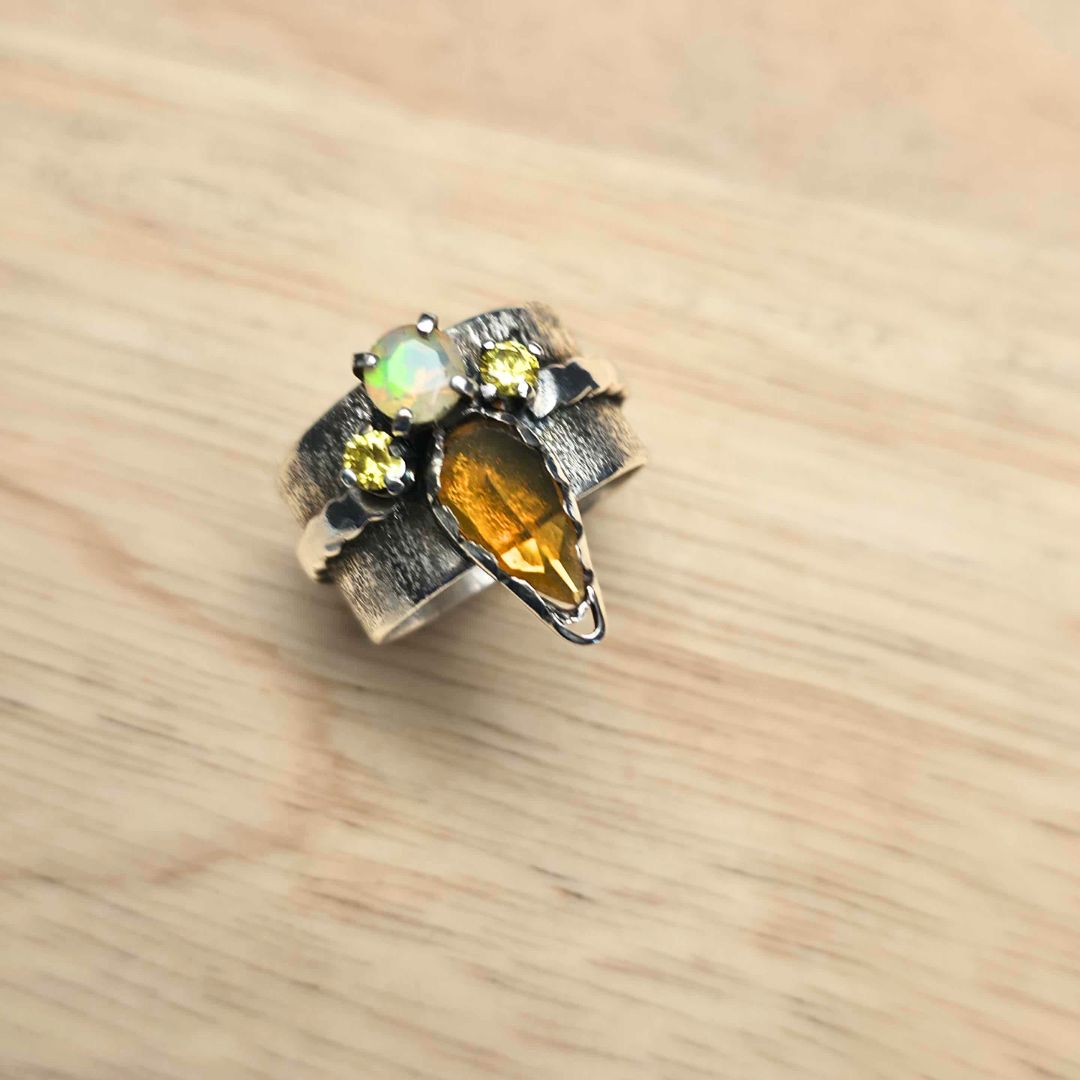Amber Fire and Opal Sterling Silver Ring –