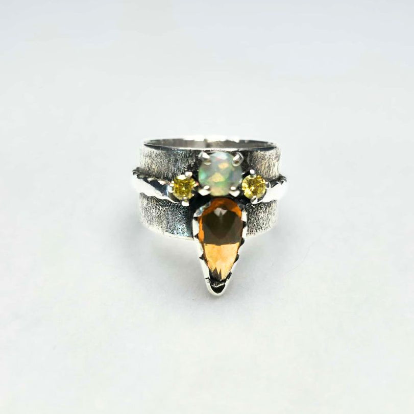 Amber Fire and Opal Sterling Silver Ring –