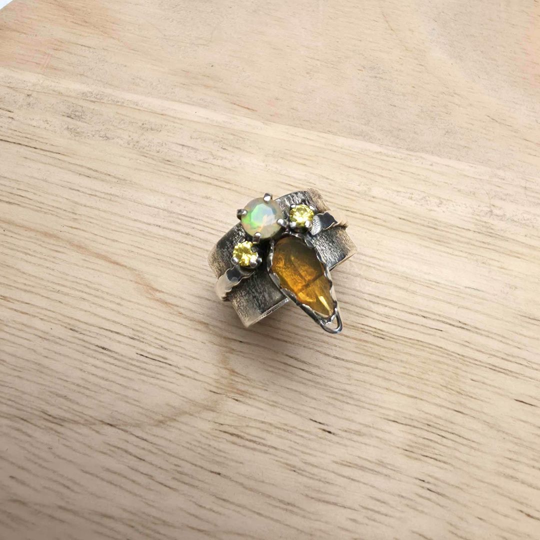 Amber Fire and Opal Sterling Silver Ring –