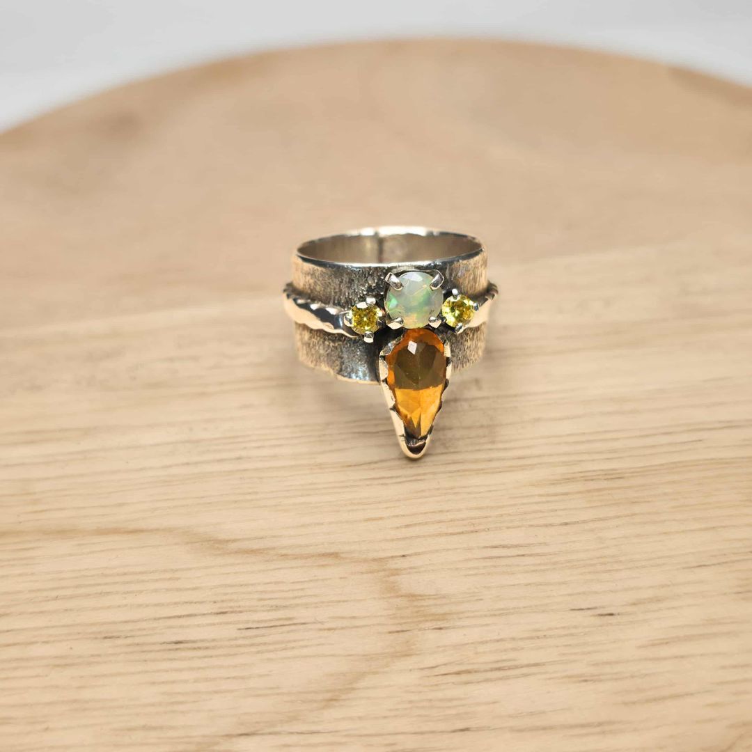 Amber Fire and Opal Sterling Silver Ring –