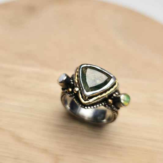 Moss Agate and Opal Sterling Silver Ring