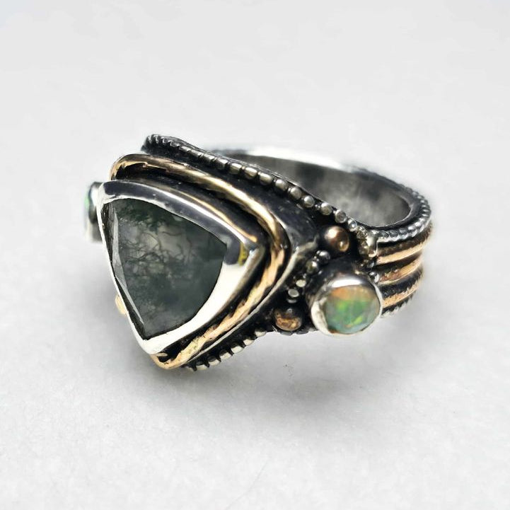 Moss Agate and Opal Sterling Silver Ring