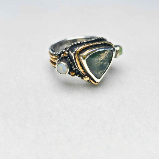 Moss Agate and Opal Sterling Silver Ring