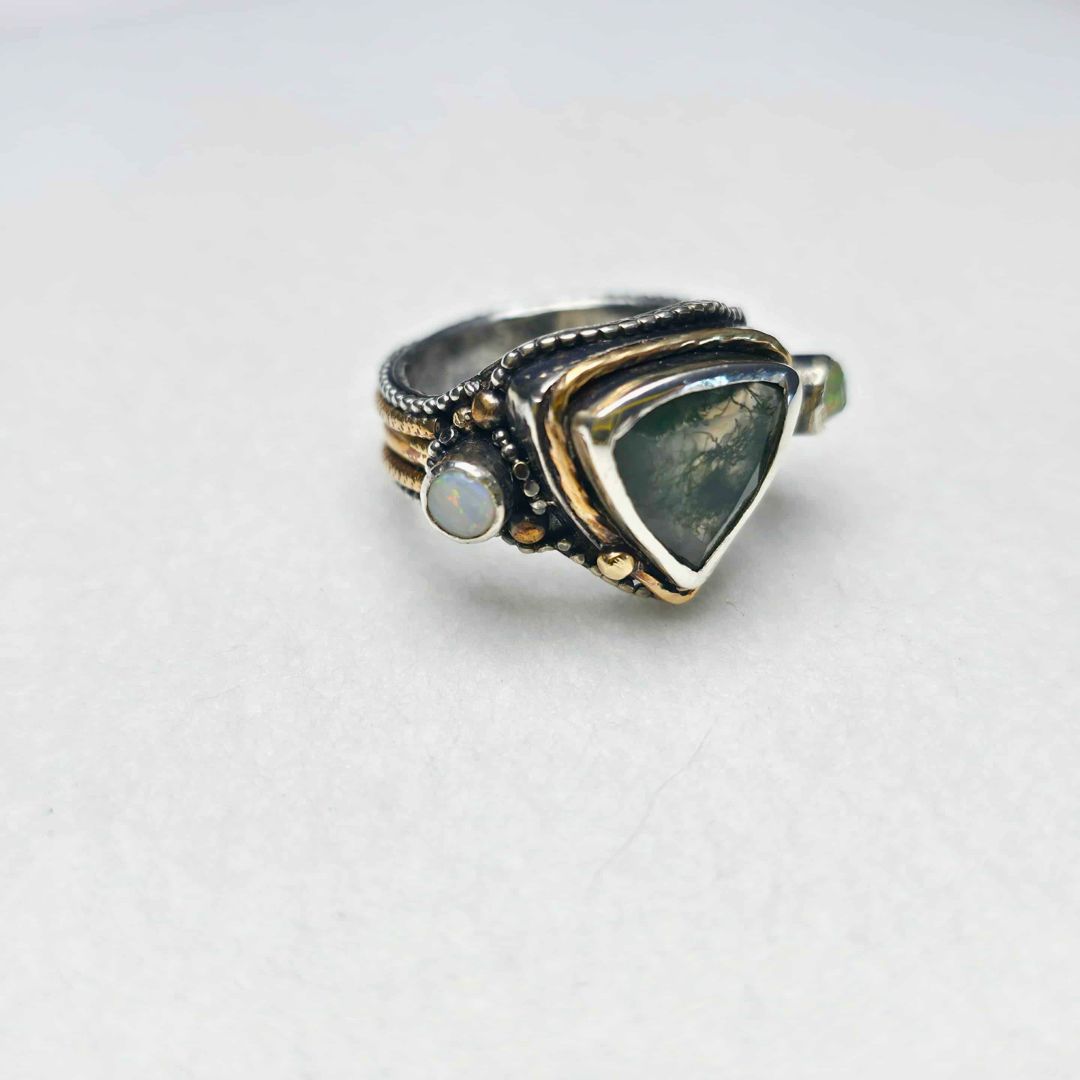 Moss Agate and Opal Sterling Silver Ring