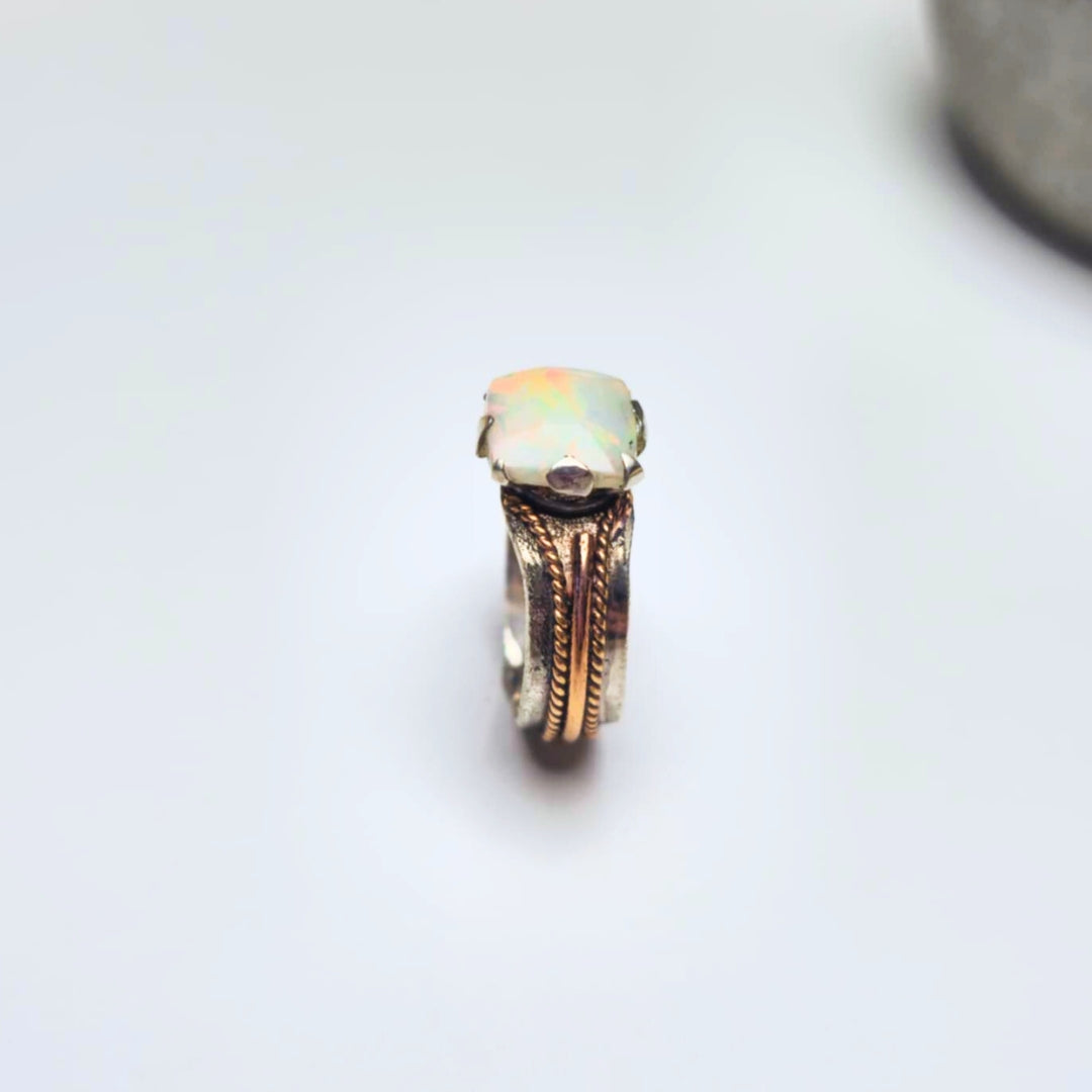Square Opal Ring, Silver and Rose Gold