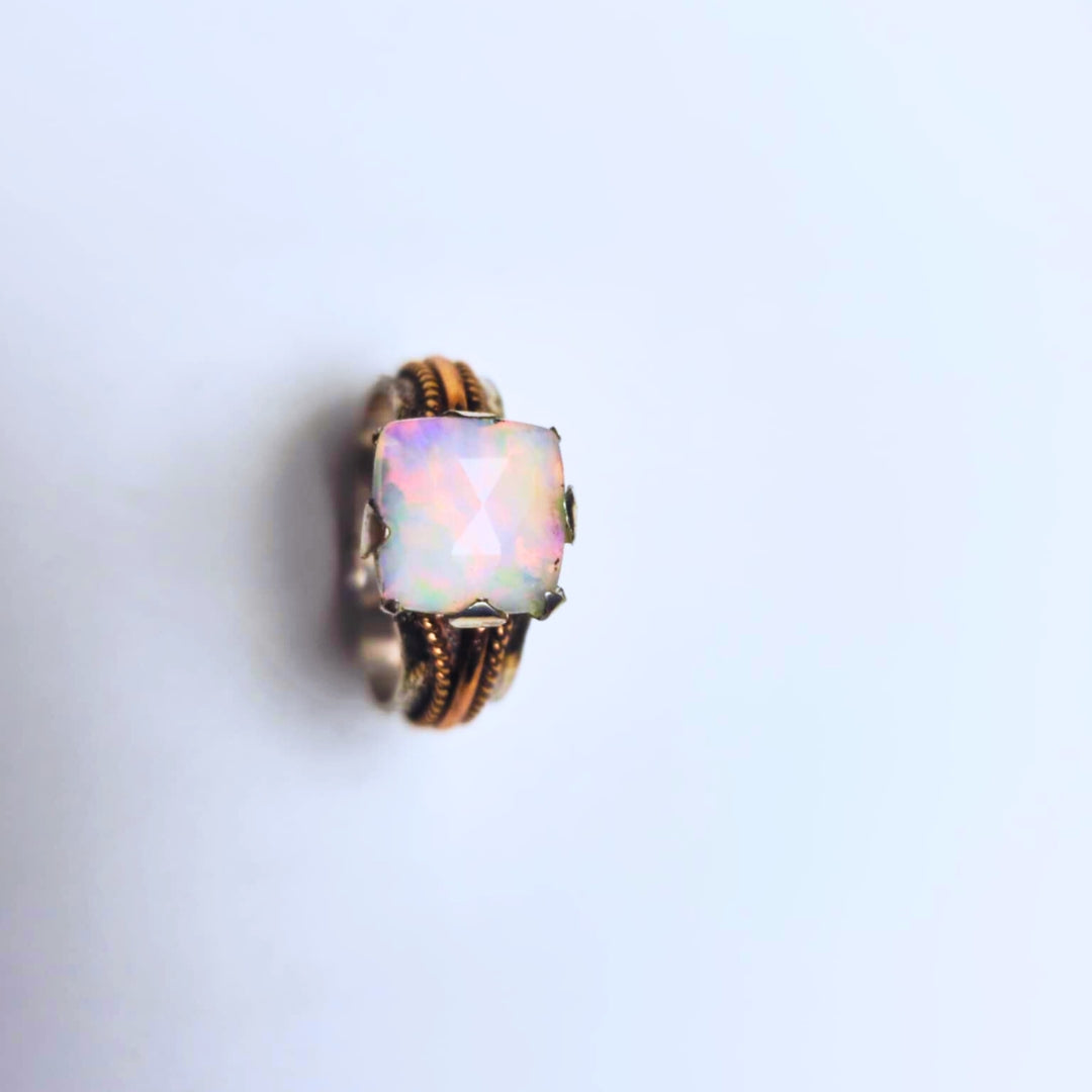 Square Opal Ring, Silver and Rose Gold