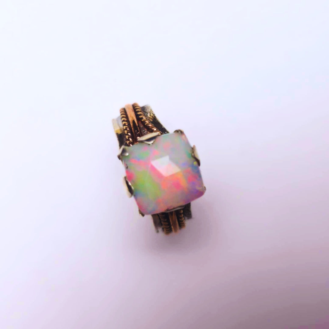 Square Opal Ring, Silver and Rose Gold