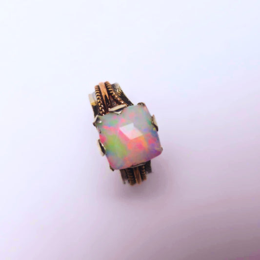 Square Opal Ring, Silver and Rose Gold