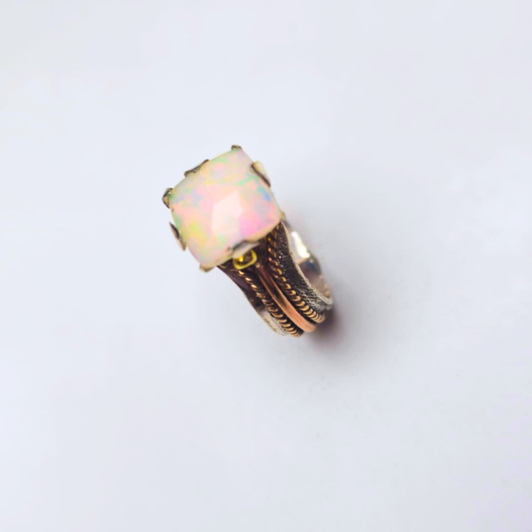 Square Opal Ring, Silver and Rose Gold