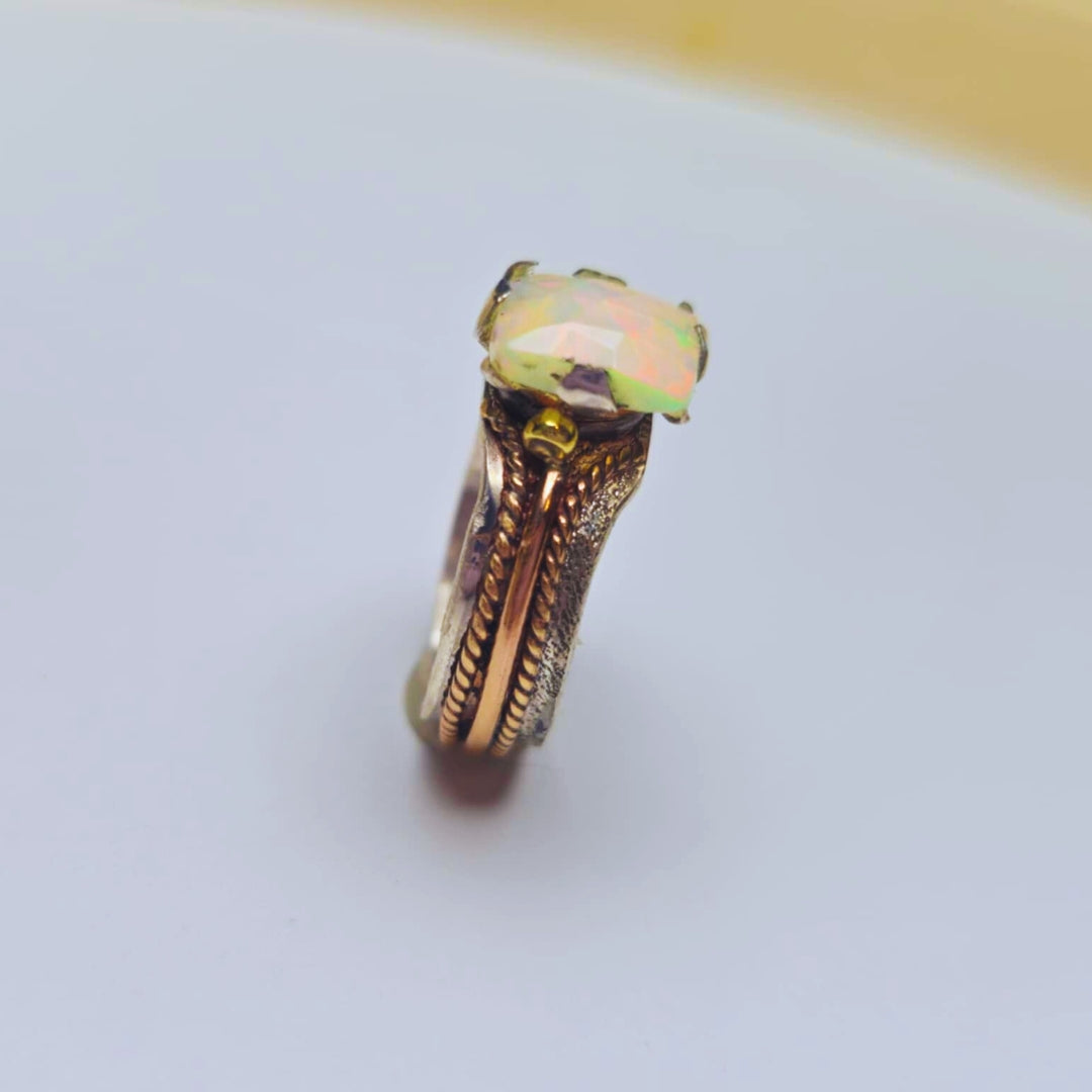 Square Opal Ring, Silver and Rose Gold