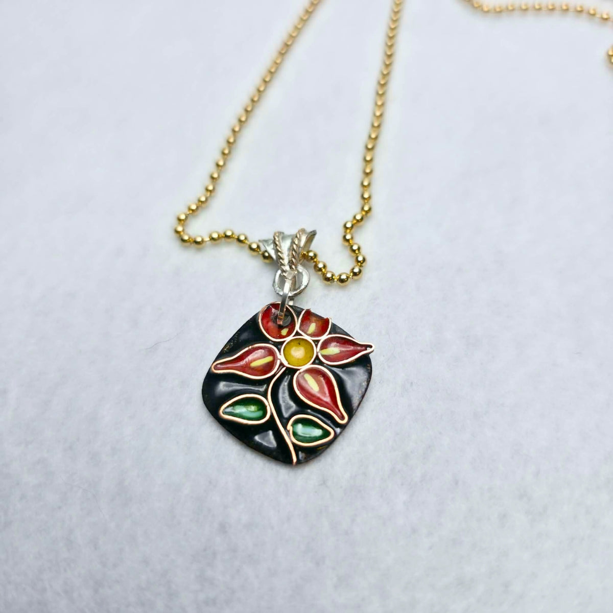 Cloisonné Flower Pendant - Black