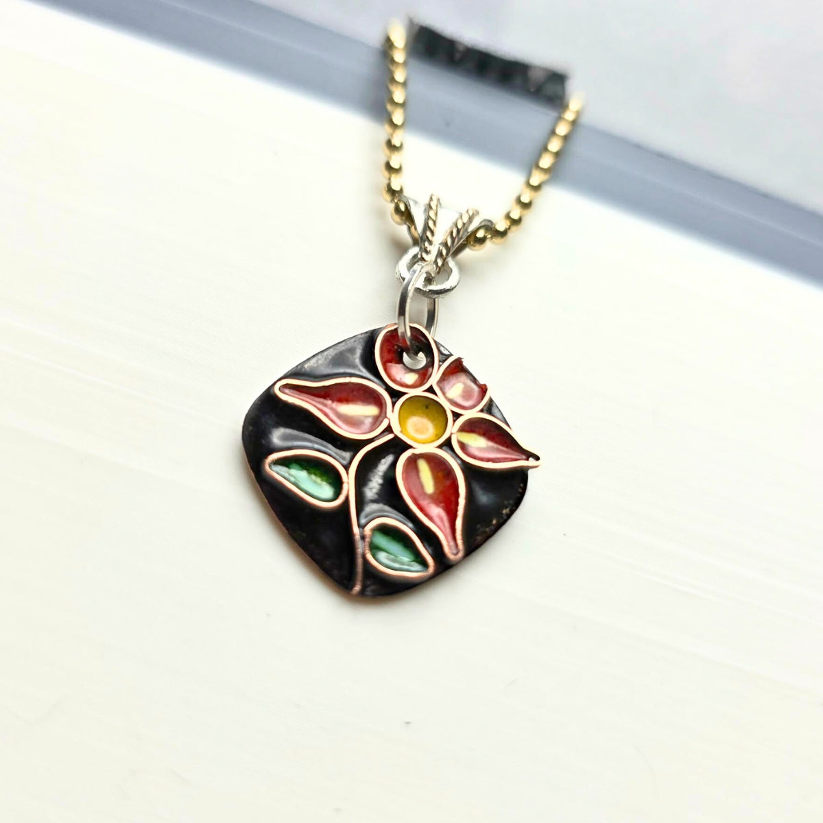 Cloisonné Flower Pendant - Black