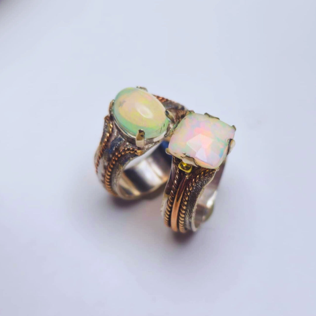 Square Opal Ring, Silver and Rose Gold