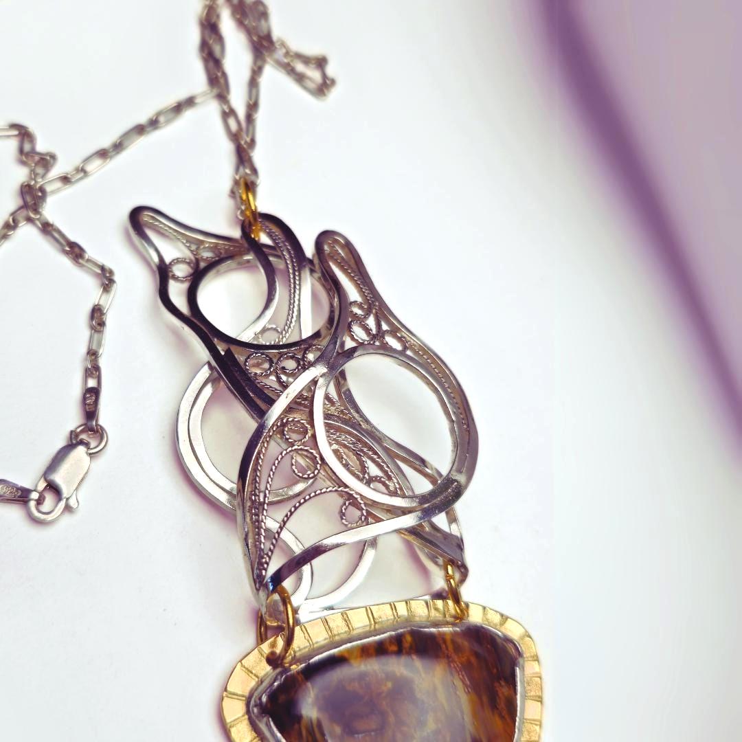 Silver Filigree and Opalized Wood Pendant
