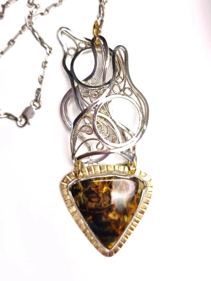 Silver Filigree and Opalized Wood Pendant