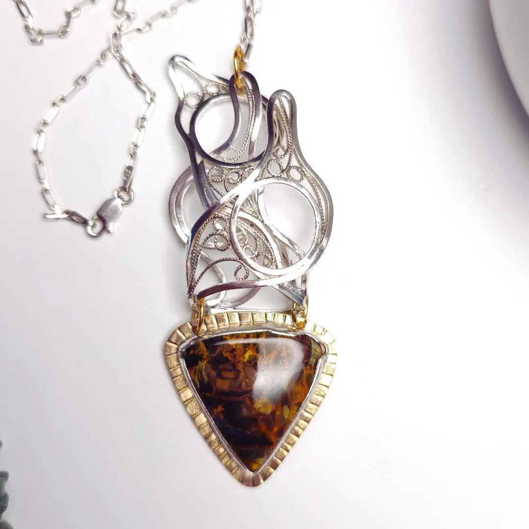 Silver Filigree and Opalized Wood Pendant
