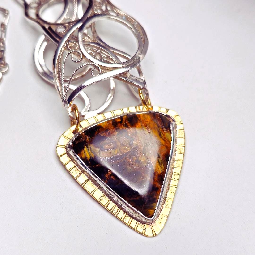 Silver Filigree and Opalized Wood Pendant