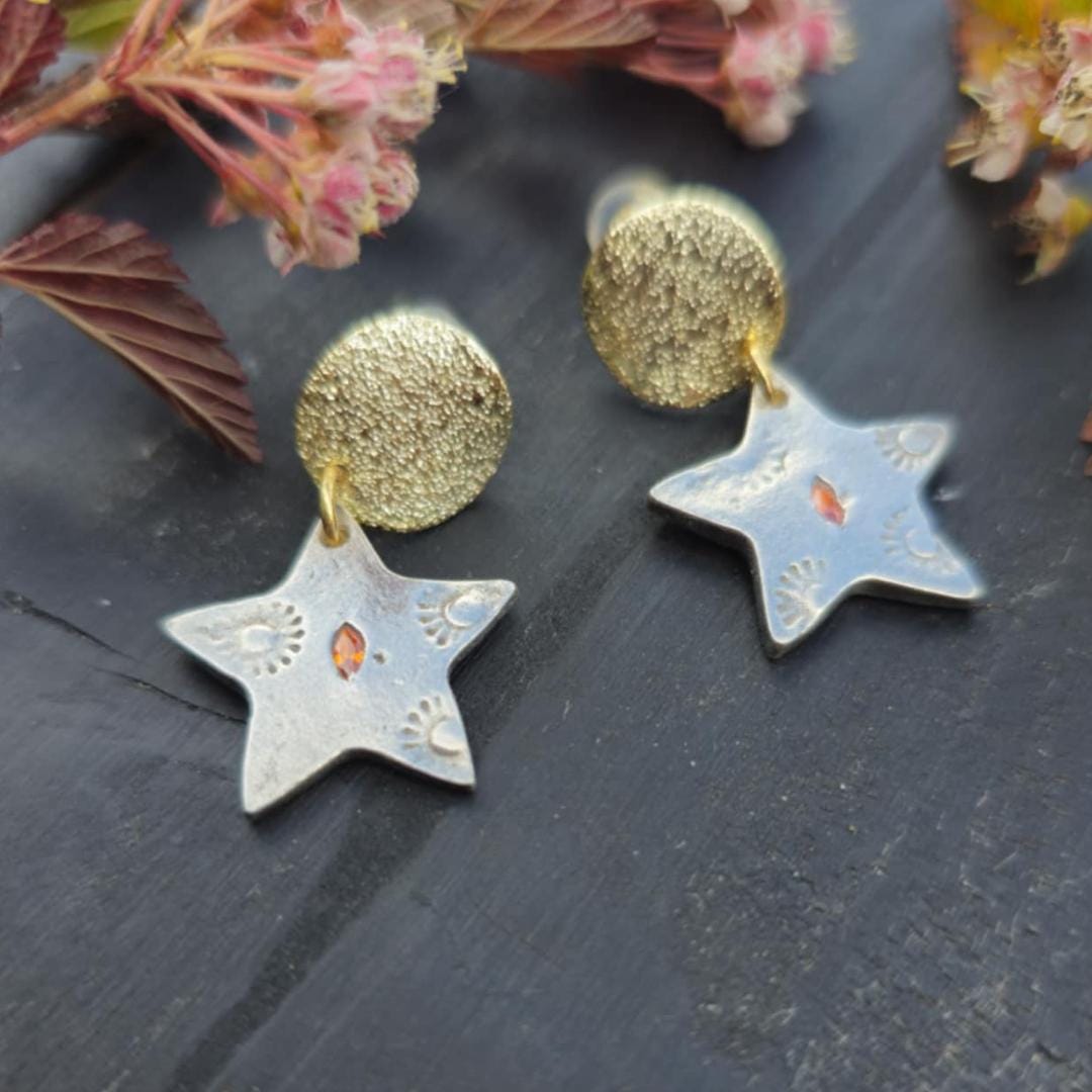 Moon and Star Earrings - 18k Gold Filled, Fine Silver