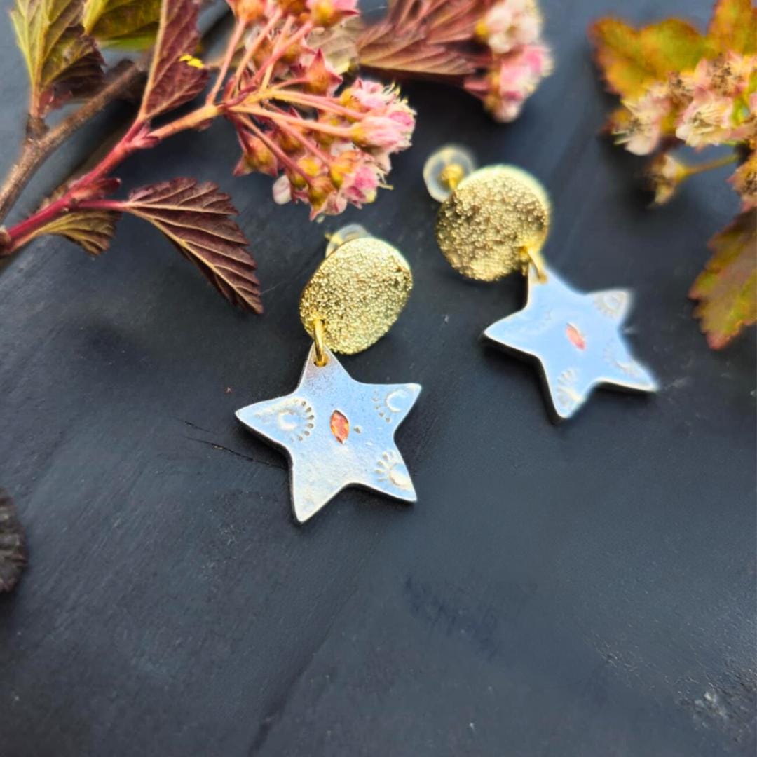 Moon and Star Earrings - 18k Gold Filled, Fine Silver