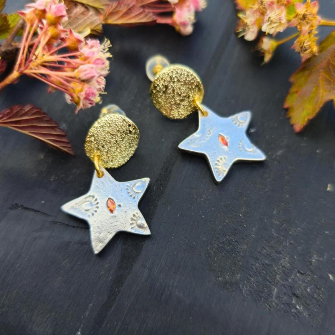 Moon and Star Earrings - 18k Gold Filled, Fine Silver