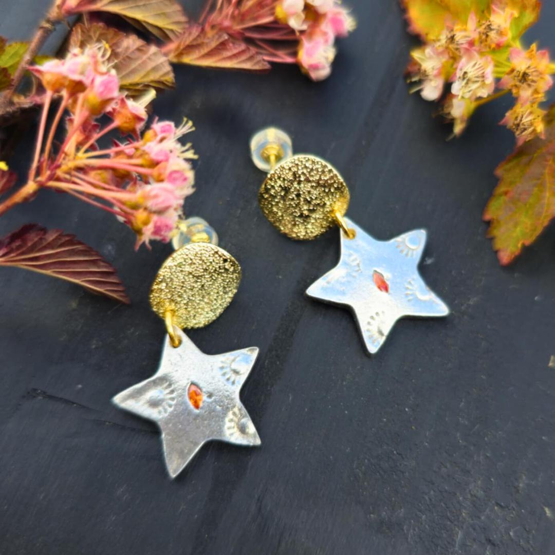 Moon and Star Earrings - 18k Gold Filled, Fine Silver
