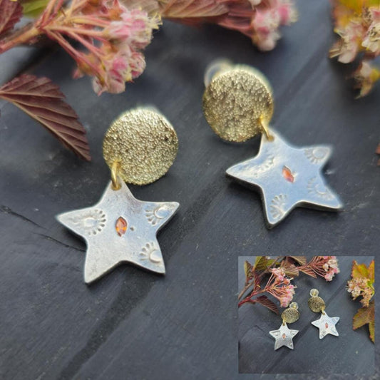 Moon and Star Earrings - 18k Gold Filled, Fine Silver