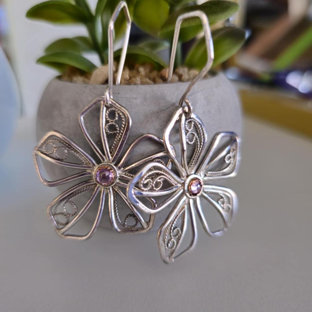 Sterling Silver Filigree Flower Earrings with Pink Tourmaline