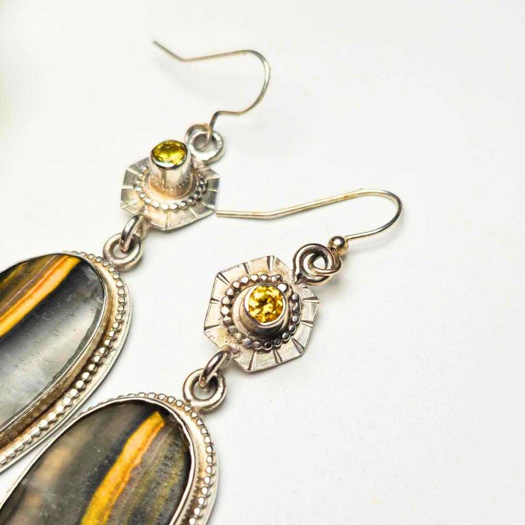 Sterling Silver Jasper Earrings with Yellow & Black Moissanite