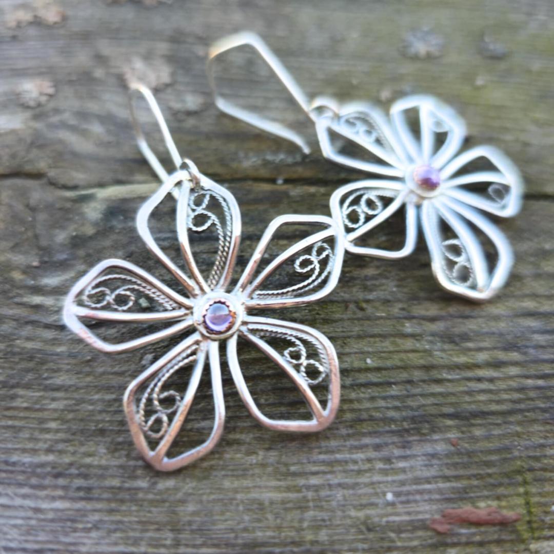 Sterling Silver Filigree Flower Earrings with Pink Tourmaline