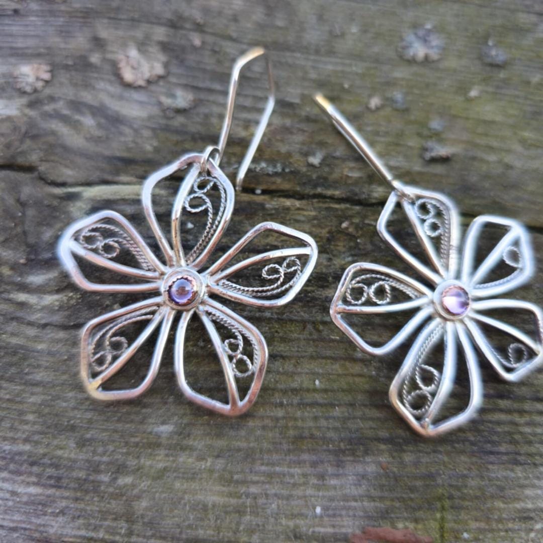 Sterling Silver Filigree Flower Earrings with Pink Tourmaline