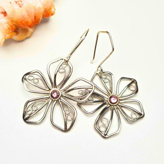 Sterling Silver Filigree Flower Earrings with Pink Tourmaline