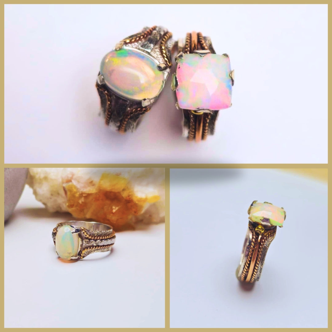 Square Opal Ring, Silver and Rose Gold