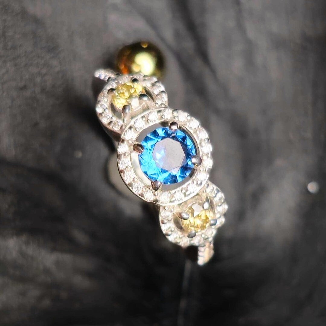 Blue Paraiba and Lemon Quartz Halo Ring