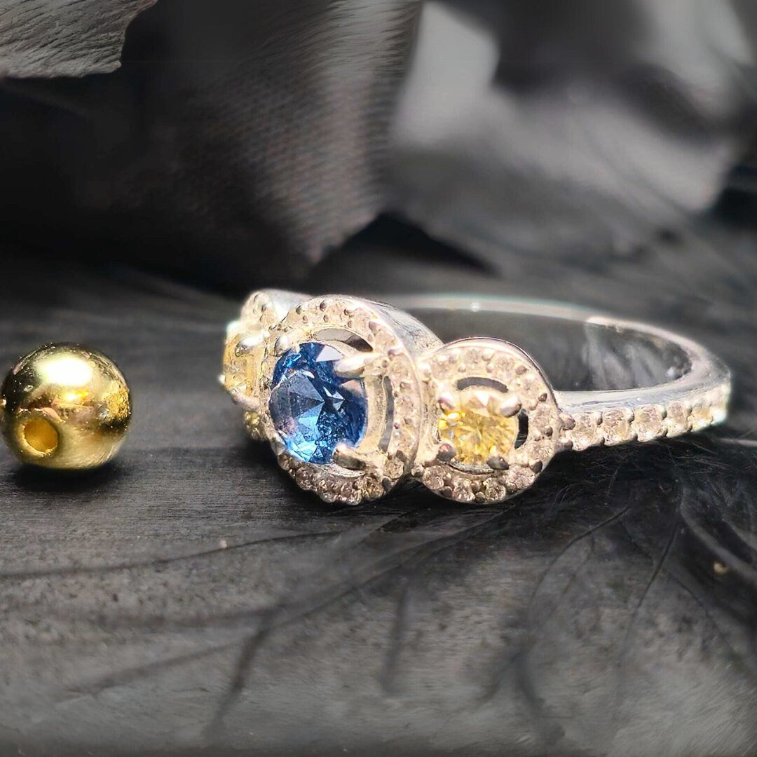 Blue Paraiba and Lemon Quartz Halo Ring