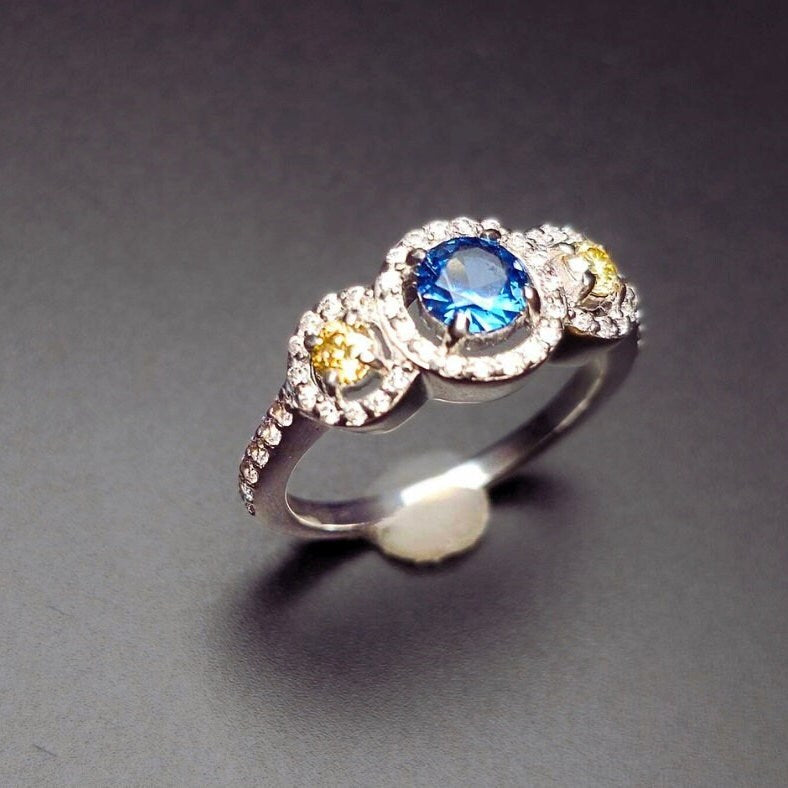 Blue Paraiba and Lemon Quartz Halo Ring