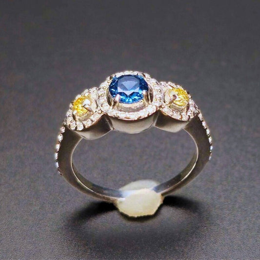 Blue Paraiba and Lemon Quartz Halo Ring